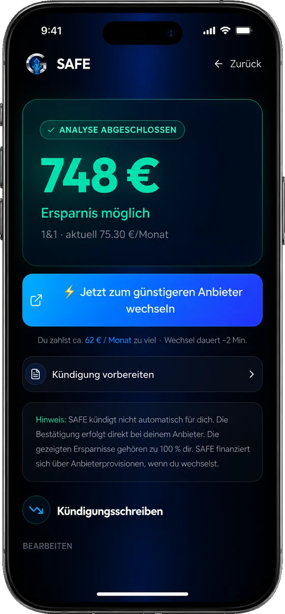 SAFE Analyseergebnis mit Einsparpotenzial